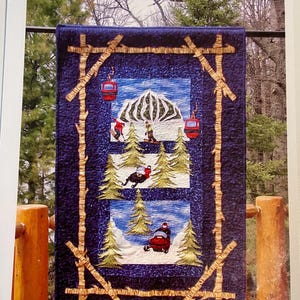 May include: A blue and white quilt with a winter scene. The quilt features a snowy mountain, trees, skiers, and a snowmobile. The quilt is framed with a brown border. The quilt is titled "Snow Fun" and is part of the "Changing Seasons Series". The pattern number is 764.