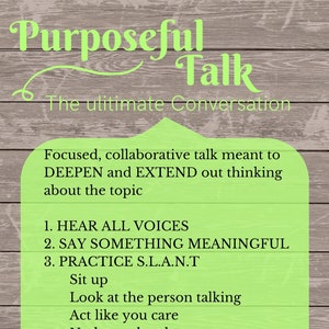 May include: Green and white graphic with the text "Purposeful Talk" and "The ultimate Conversation". The graphic lists six steps for having a purposeful conversation: Hear all voices, Say something meaningful, Practice S.L.A.N.T, Listen with intent, Keep the lines of thinking alive, and Be flexible in your thinking.