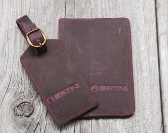 Leather passport cover and luggage tag set for women and men