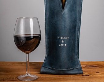 Caddy de vino de cuero personalizado, soporte de vino hecho a mano, funda de vino monograma, accesorios de vino, vino de inauguración de la casa y regalo de whisky