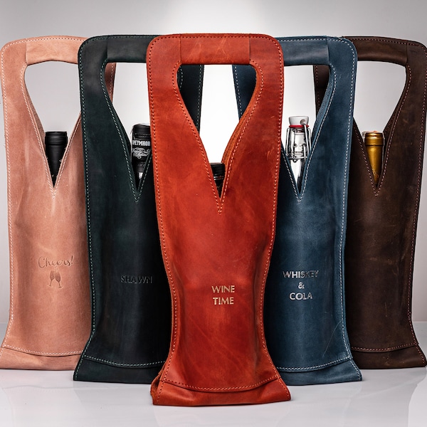 Porte-bouteilles en cuir personnalisé, porte-bouteilles fabriqué à la main, pochette à vin monogrammée, accessoires pour le vin, cadeau vin et whisky pour pendaison de crémaillère