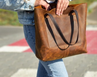 Toteväska, Brun lädertoteväska, Handväska med ficka och dragkedja, Avslappnad vardagsväska i läder, Stor shopper, Tillbaka till skolan-väska 2026