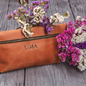 Leather makeup bag Personalized toiletry bag women Bridesmaid custom cosmetic pouch