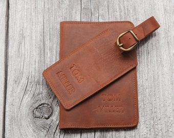 Leather passport cover and luggage tag set, passport holder, 3rd anniversary gift for men women