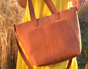Bolso tote de cuero, Bolso tote grande con bolsillo, Bolso de mano de cuero superior, Bolso tote personalizado con cremallera, Bolsos de cuero para mujer hechos a mano