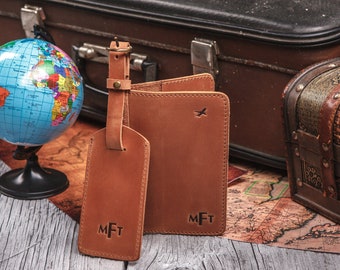 Luggage tag and and passport holder set, Leather passport cover personalized for men and women