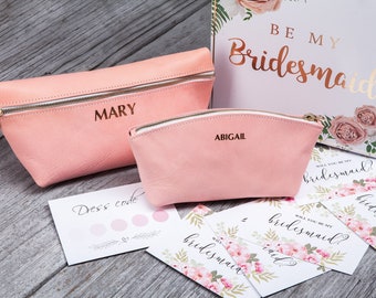 Bridesmaid makeup bag, leather cosmetic bag, personalized toiletry bag women, Minimalist mothers day gifts, Gifts for mom