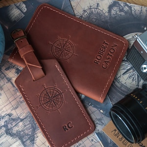 Personalized passport cover, leather passport cover and luggage tag, travel gift for men and women