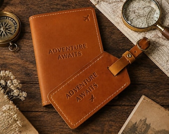 Personalized Leather Passport Holder and Luggage Tag Set, Custom Engraved Travel Wallet