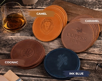 Kundenspezifisches rundes quadratisches Lederuntersetzer-Set mit 4 braunen Whiskyuntersetzern, Bar-Kaffeebechergeschenk, Markenlogo-Untersetzer, personalisiertes Geschenk für Chef
