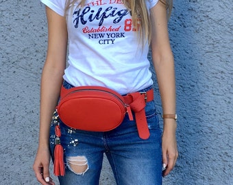 Red leather fanny pack for women, belt bag, hip bag