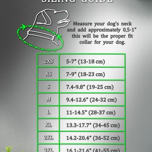May include: Dog collar sizing guide with a chart showing different sizes in inches and centimetres. The chart includes sizes from 2XS to 4XL.