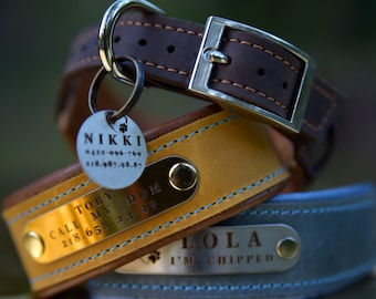 Personalized Leather Dog Collar, Engraved Dog Collar, Custom Dog Collar with Name Plate, Leather Dog Collar