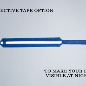 May include: Blue dog collar with a reflective strip. "REFLEXTIVE TAPE OPTION" and "TO MAKE YOUR DOG VISIBLE AT NIGHT" are written in black text on a white background.