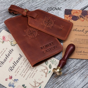 Luggage tag and and passport holder set, Leather passport cover personalized for men and women Cognac