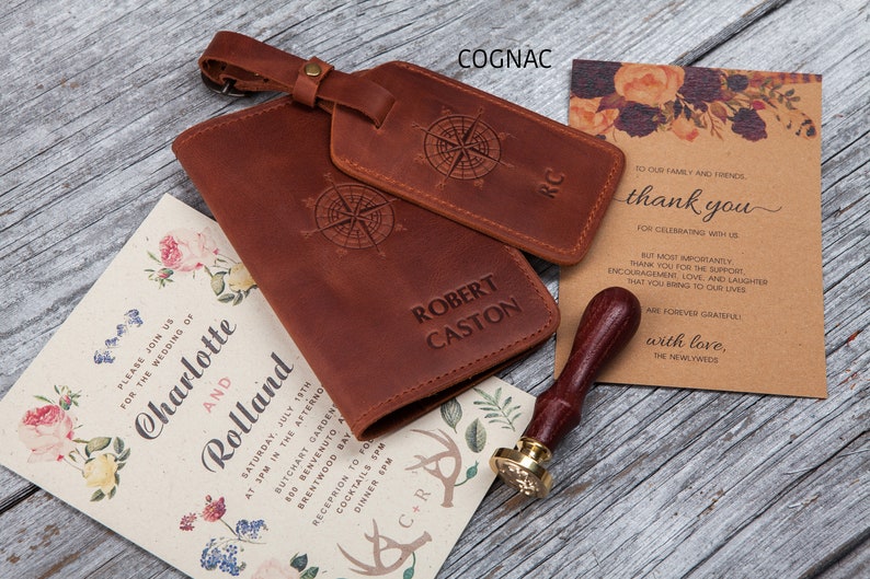 Luggage tag and and passport holder set, Leather passport cover personalized for men and women Cognac