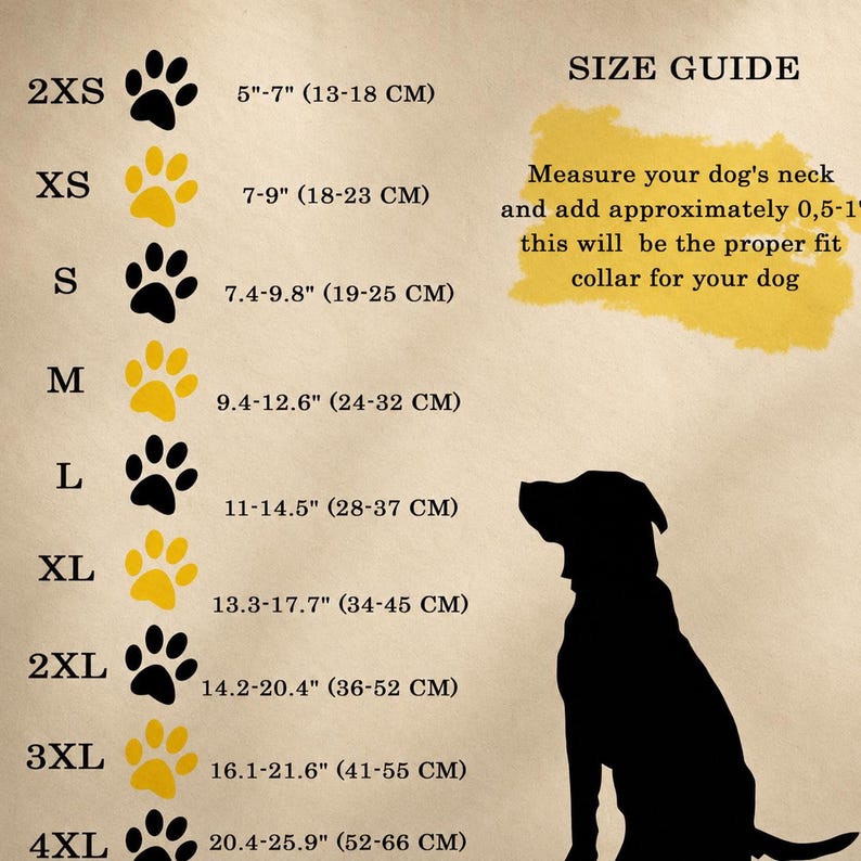 Puede incluir: Una tabla de gu&iacute;a de tallas para collares de perro sobre un fondo beige con la silueta negra de un perro. Enumera tallas desde 2XS hasta 4XL con iconos de huellas y medidas de cuello en cent&iacute;metros de 13 a 66 cm para los due&ntilde;os de mascotas.