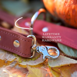Op de afbeelding: Een close-up van een bordeauxrode leren riem met een zilveren metalen gesp. De riem heeft een gestikte rand en twee zilveren metalen klinknagels. De tekst "LIFETIME WARRANTY HARDWARE" is zichtbaar op de riem.