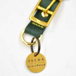 Puede incluir: Un collar de cuero verde oscuro con una hebilla de metal dorado y una anilla en D. Sujeta a la anilla en D hay una placa redonda de metal dorado grabada con el texto ZELDA, CALL MY PEOPLE y el n&uacute;mero de tel&eacute;fono 0231289534 en letras negras.
