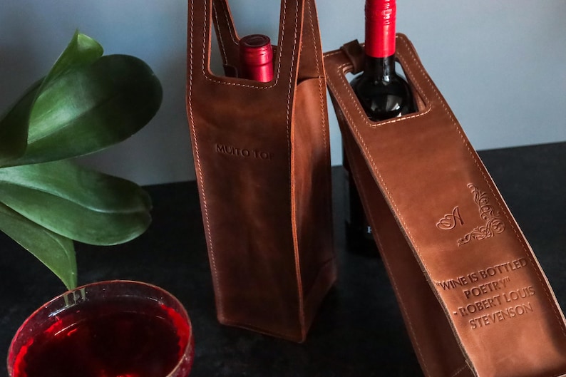 Wijntas, leren wijndraagtas, gepersonaliseerde wijndrager, Vaderdagcadeaus, cadeaus voor hem, pensioencadeaus, relatiegeschenken, wijnhouder afbeelding 9