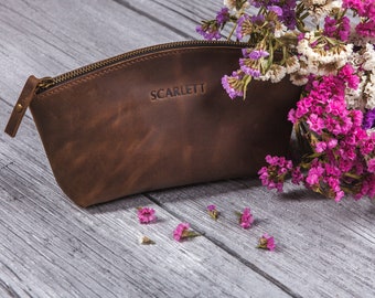 Leather makeup bag, Personalized cosmetic bag, Bridesmaid gift, Minimalist gifts for mom,Mothers day,Bridal party gifts, Leather accessories