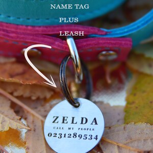 Op de afbeelding: Een turquoise en roze leren hondenhalsband met een zilveren en zwarte metalen tag eraan bevestigd. De tag heeft de tekst "ZELDA CALL MY PEOPLE 0231289534".