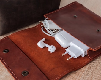 Leather Tech Organizer, Custom Charger Case, Personalized Gift, Leather storage bag, Minimalist cable holder