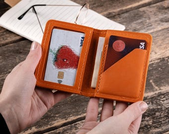 パーソナライズされたレザーミニウォレット、スリムなフロントポケットカードホルダー、ミニマルデザイン
