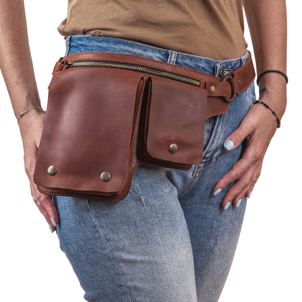 Leather hip bag festival, Utility belt bag, Fanny pack for women,Leather accessories for women,Personalized hip bag with pockets and buttons