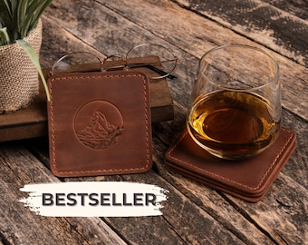 Untersetzer 4er Set, Bar Untersetzer, Firmengeschenke, maßgeschneiderte runde Whisky-Untersetzer aus Leder für Papa, personalisierte Bieruntersetzer aus Leder