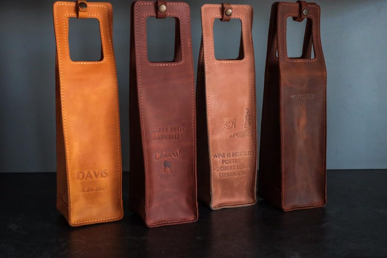 Wijntas, leren wijndraagtas, gepersonaliseerde wijndrager, Vaderdagcadeaus, cadeaus voor hem, pensioencadeaus, relatiegeschenken, wijnhouder afbeelding 5