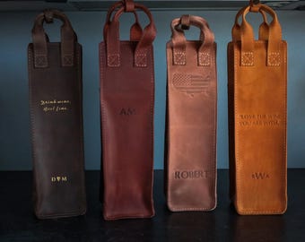 Fathers day gifts 2026, Wine tote bag, Leather wine holder, Personalized bottle carrier, Engraved wine sleeve, Custom gifts for wine lovers