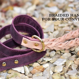 Op de afbeelding: Een paarse leren hondenriem met een gevlochten roze leren handvat. De riem heeft een gouden metalen gesp en twee gouden metalen klinknagels. "BRAIDED HANDLE FOR YOUR CONVENIENCE" staat in zwarte tekst op een witte achtergrond.