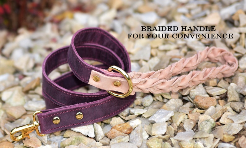 Op de afbeelding: Een paarse leren hondenriem met een gevlochten roze leren handvat. De riem heeft een gouden metalen gesp en twee gouden metalen klinknagels. "BRAIDED HANDLE FOR YOUR CONVENIENCE" staat in zwarte tekst op een witte achtergrond.