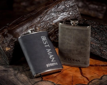 Engraved Hip Flask 8oz, Groomsmen Flask Gift, Personalized Leather Gifts for Men