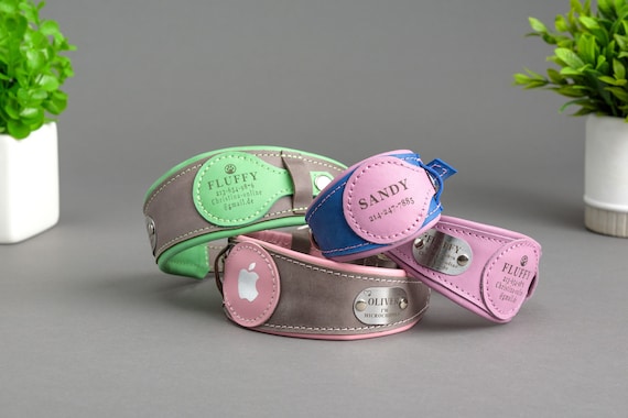 Dog Collar with AirTag Holder, Personalized Dog Collar, Genuine Leather Dog Collar, Greyhound dog collar, Whippet dog collar, Engraved Dog