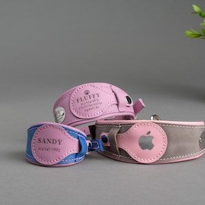 May include: Three leather dog collars in pink, grey, and blue with personalised text and an apple logo. The collars are on a grey surface.