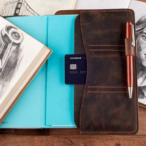 May include: A brown leather notebook cover with a pen holder and a card slot. The cover has a stitched design and is open to reveal a blue notebook page. A credit card is inserted in the card slot. The notebook cover is on a wooden surface.