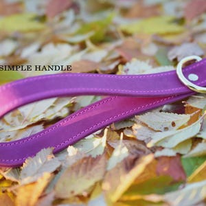 May include: A close-up of a purple dog leash handle with a silver metal ring and two silver rivets. The handle is made of a soft, padded material. The text "SIMPLE HANDLE" is above the handle. The background is a bed of colorful autumn leaves.