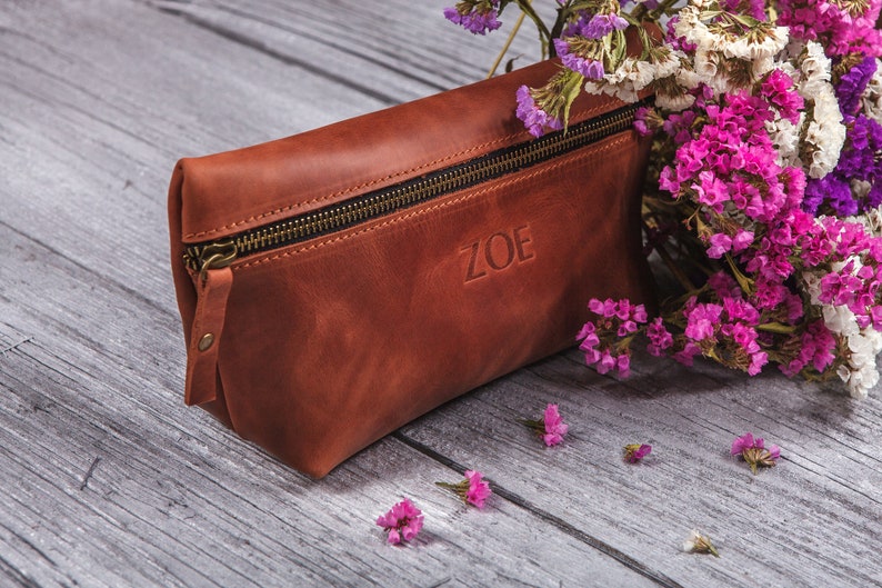 Monogrammed makeup bag personalized,3rd anniversary gift for her,Personalized Christmas gifts for mom,Mothers day gift, Leather toiletry bag image 1