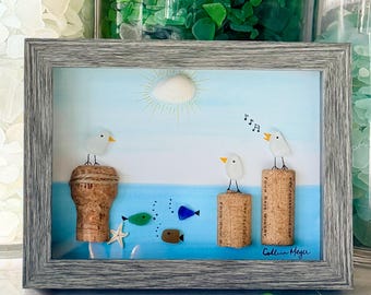 Seagulls Sea Glass Shadowbox Art. Featuring Genuine Ventura Sea Glass. Original designs for purchase. Custom orders available. 5" x 7" size.