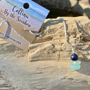 Beach Glass Necklace Gift For Her Matching Earrings Sea Glass Necklace with Stacked Turquoise Blue Sea Glass Beads with Silver Pearl