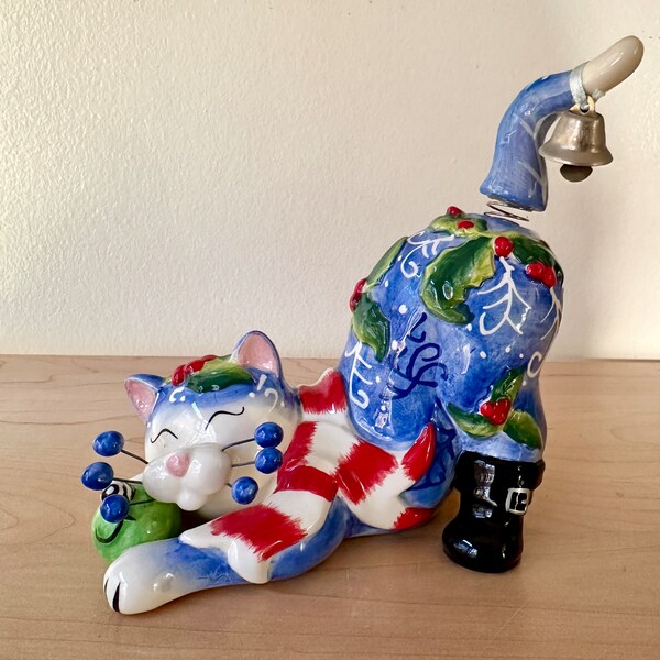 Vintage Whimsiclay by Amy Lacombe, "Jingle Bell Cat" No Box. Christmas Cat. Cat lady gift. Ceramic Cat Figurine. Item #14618