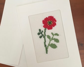 Red poppy cross-stitched greeting card with envelope