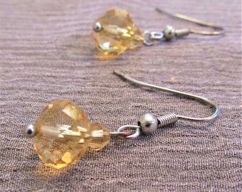 Vintage Double Crystal Amber Bead Dangle Earrings in Silver Tone