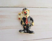 Vintage Black enamel Circus Clown Brooch in a black hat with a white bag on the stick, Costume jewelry for women for birthday any occasion