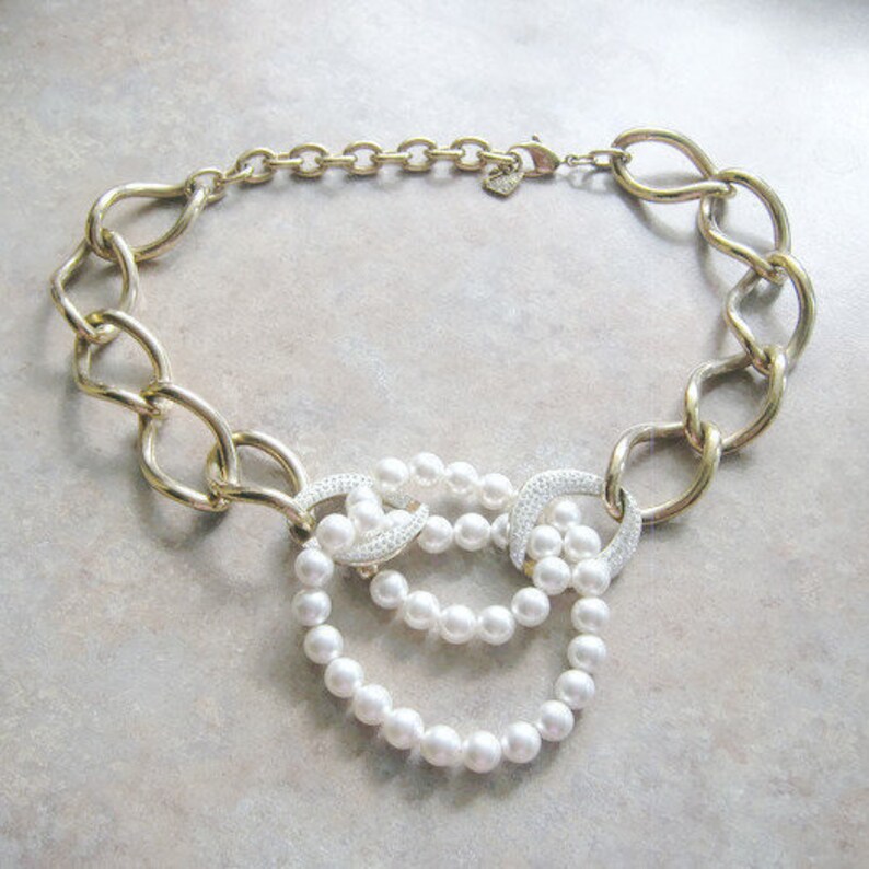 Swan Heavy choker Gold tone choker Link Chain Choker with faux p Swan Heavy choker Gold tone choker Link Chain Choker with faux p