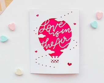 Love is in the Air Paper Cut Greeting Card | Valentine's Day, Fairytale Wedding, Whimsical Paper Cutout Design, Hot Air Balloon