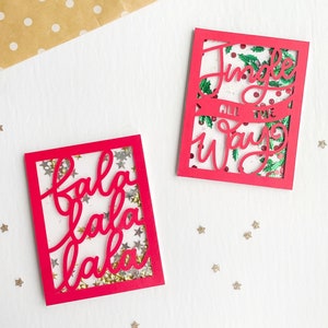 Kerstvakantie Handlettered Shaker Card | Papercut Design, Falala, Jingle all the Way, Sparkles, Glitters, Christmas Hollys, Gold Stars