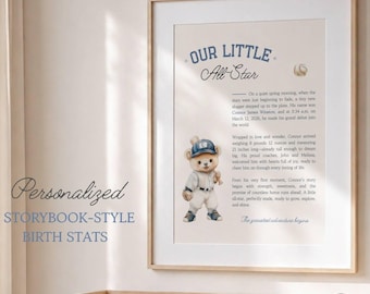 Cuadro decorativo personalizado con estadísticas de nacimiento estilo cuento de hadas - Decoración infantil de béisbol para niños - Estrella de la Liga Infantil - Decoración de pared para dormitorio infantil